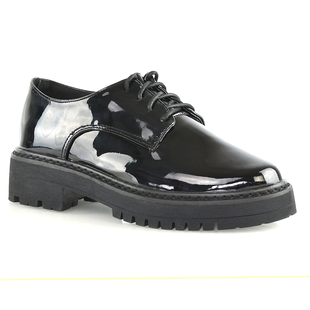 Emilia Lace up Flats Chunky Sole Low Platform Block Heel Brogues in Black Croc - Image 11