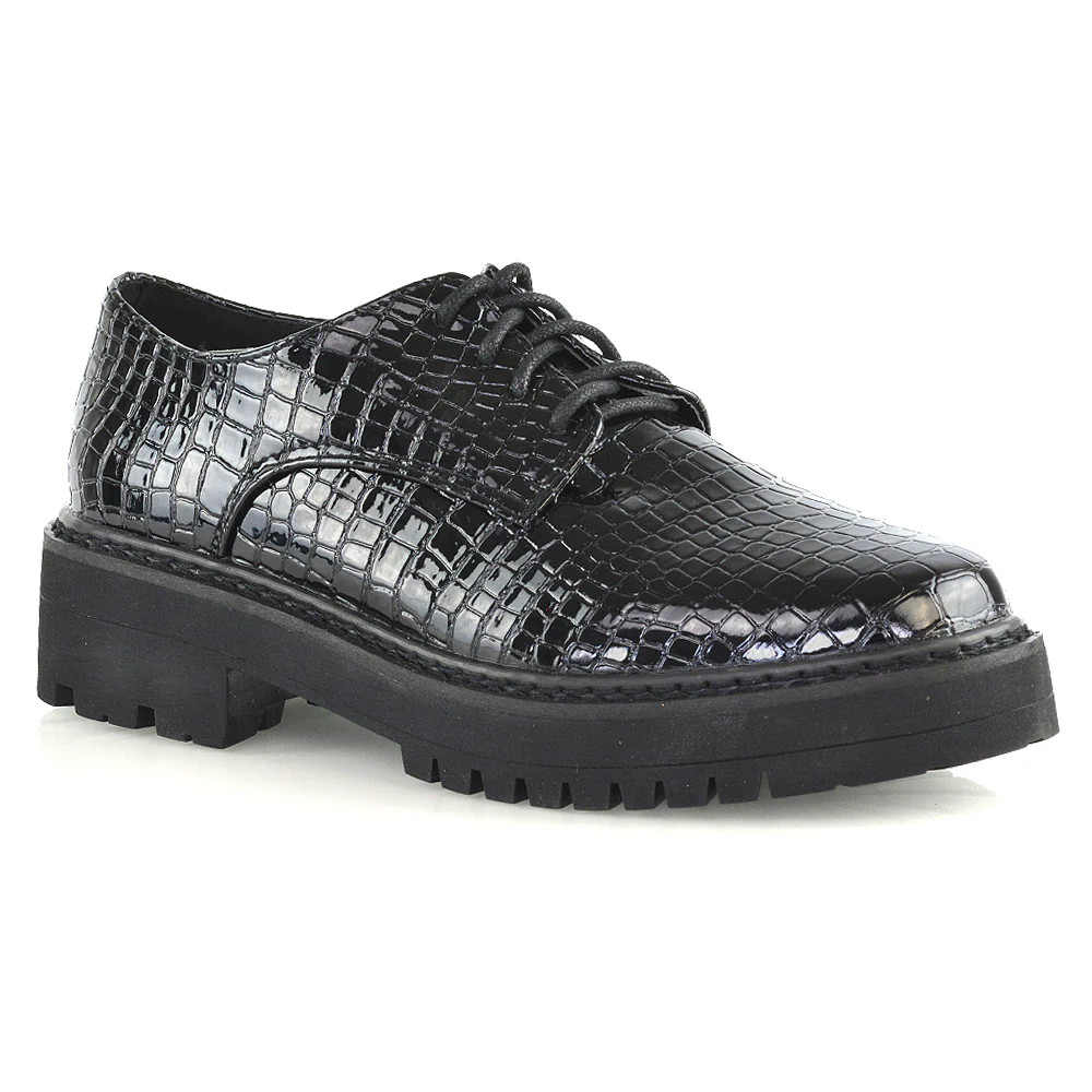 Emilia Lace up Flats Chunky Sole Low Platform Block Heel Brogues in Black Croc - Image 20