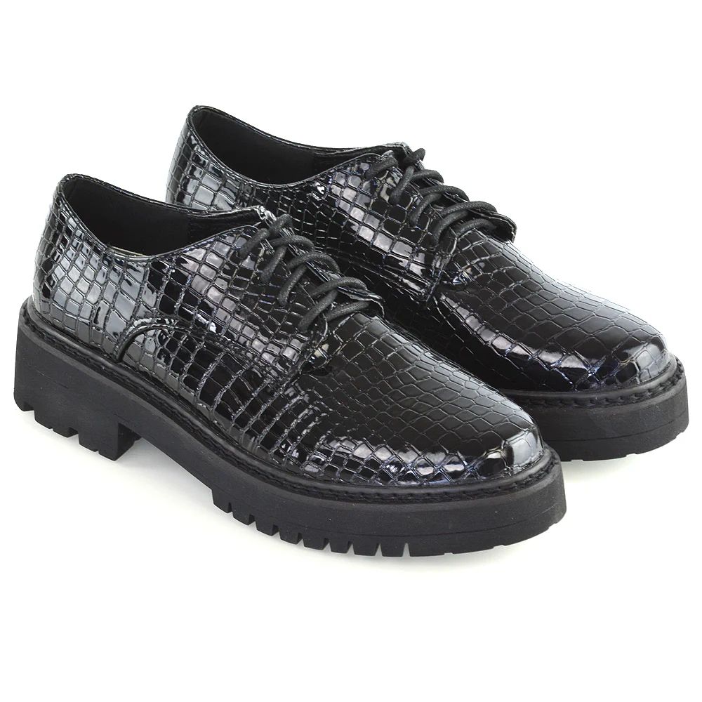 Emilia Lace up Flats Chunky Sole Low Platform Block Heel Brogues in Black Croc - Image 3