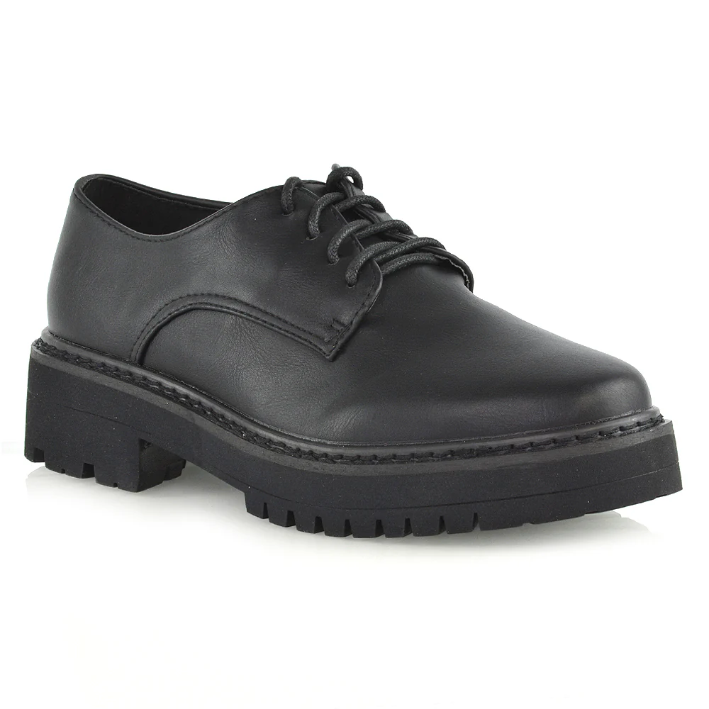 Emilia Lace up Flats Chunky Sole Low Platform Block Heel Brogues in Black Croc - Image 9