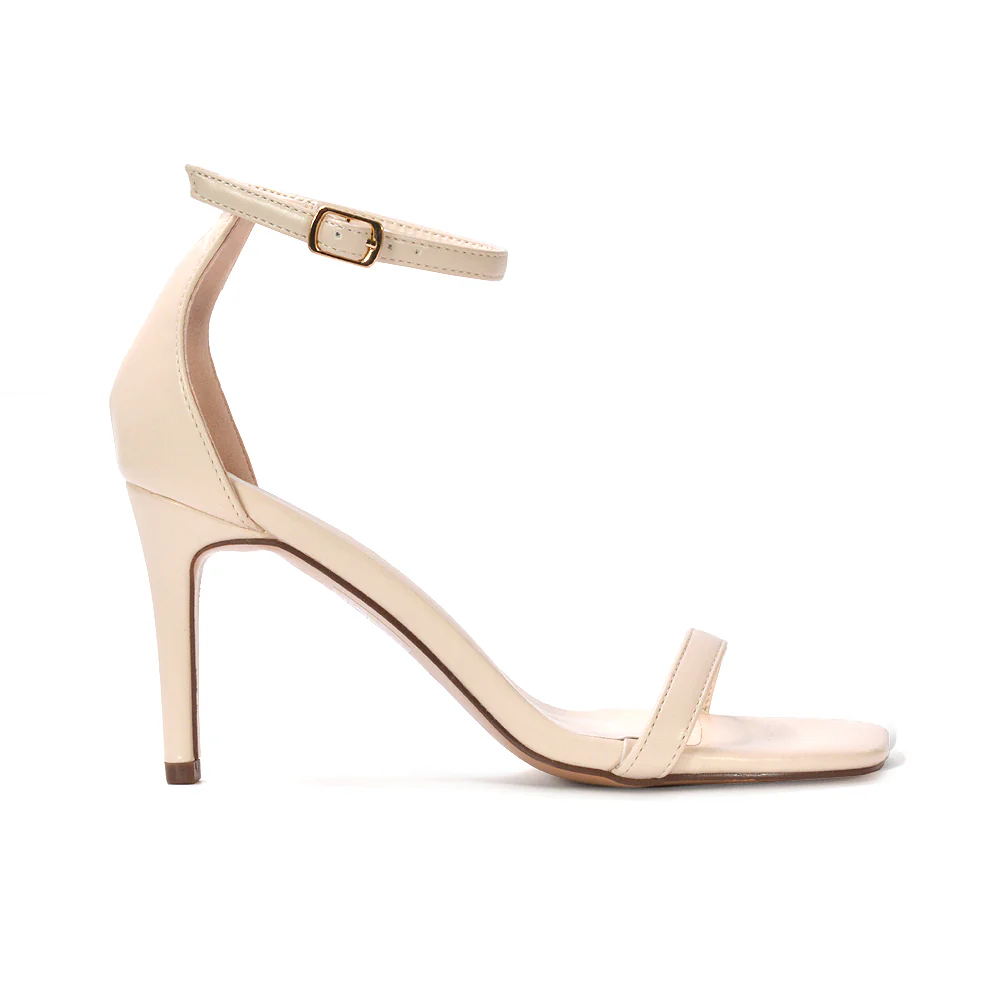 Emma Square Toe Stiletto High Heel Summer Sandals With Ankle Strap in Black Synthetic Leather - Image 18
