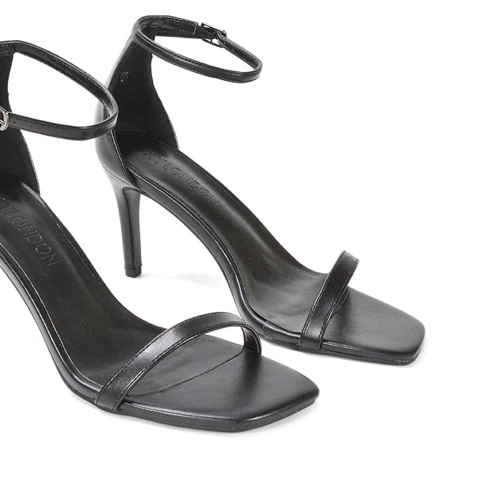 Emma Square Toe Stiletto High Heel Summer Sandals With Ankle Strap in Black Synthetic Leather - Image 4