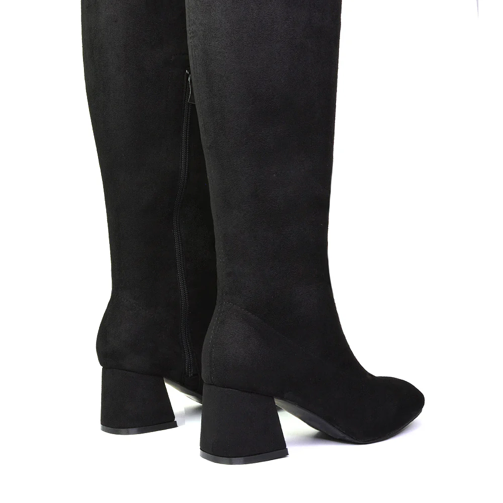 Emmett Flared Mid Block Heel Over the Knee Boots In Black Faux Suede - Image 5