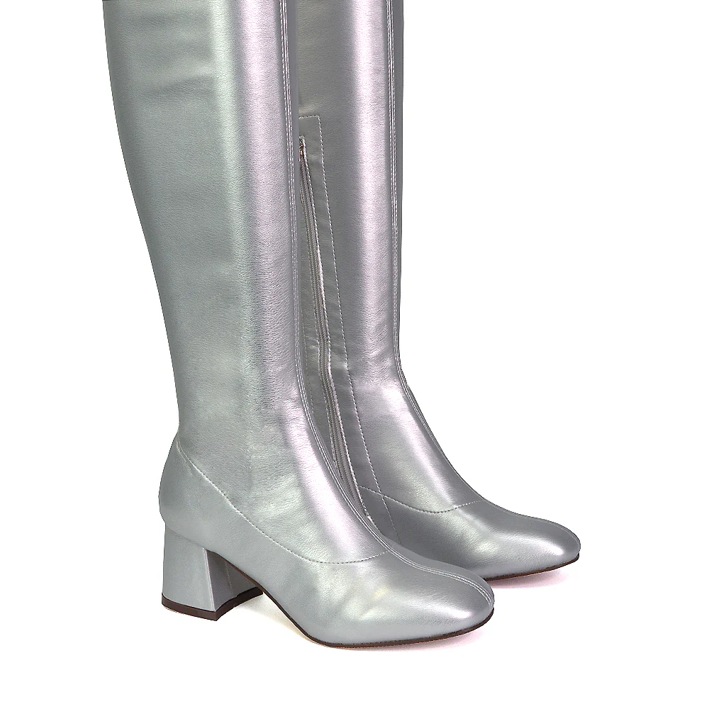 Emmett Flared Mid Block Heel Over the Knee Boots In Black Faux Suede - Image 72