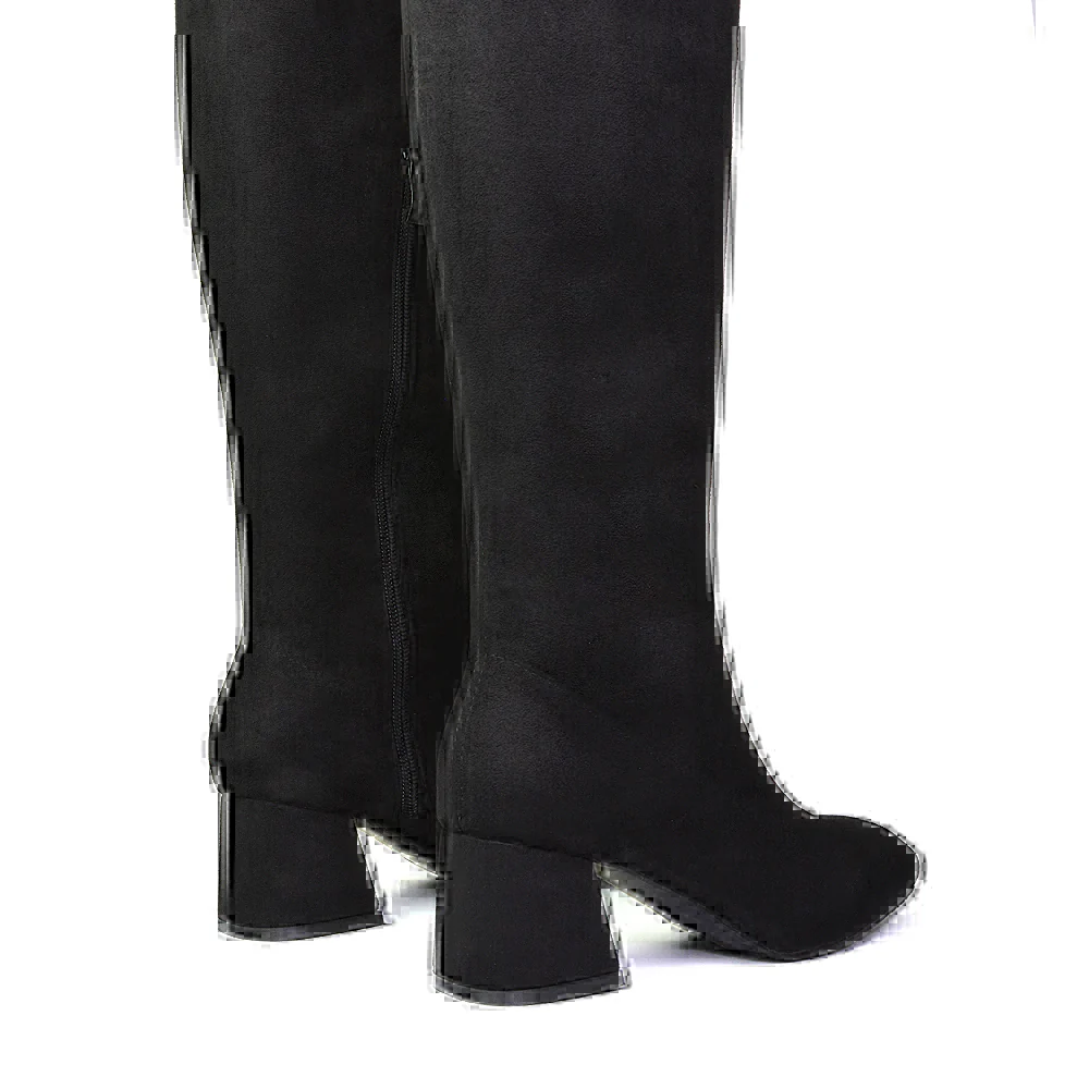 Emmett Flared Mid Block Heel Over the Knee Boots In Black Synthetic Leather - Image 100
