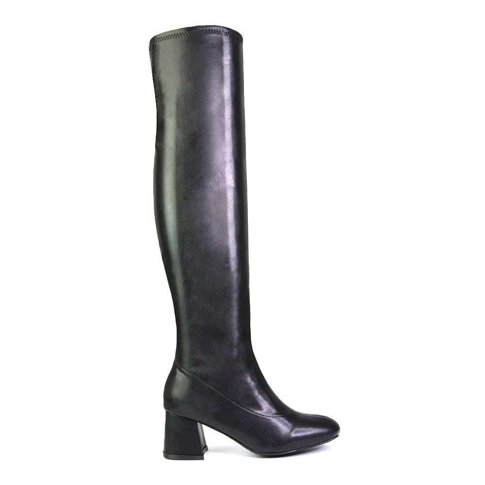 Emmett Flared Mid Block Heel Over the Knee Boots In Black Synthetic Leather - Image 33