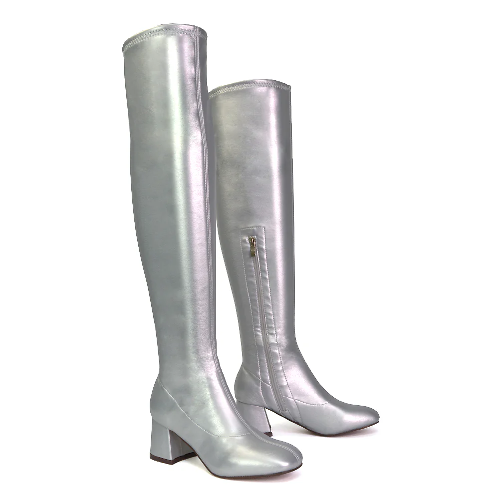 Emmett Flared Mid Block Heel Over the Knee Boots In Black Synthetic Leather - Image 81
