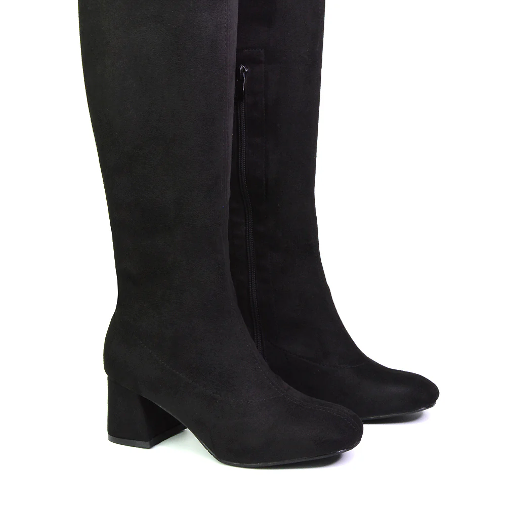 Emmett Flared Mid Block Heel Over the Knee Boots In Black Synthetic Leather - Image 97