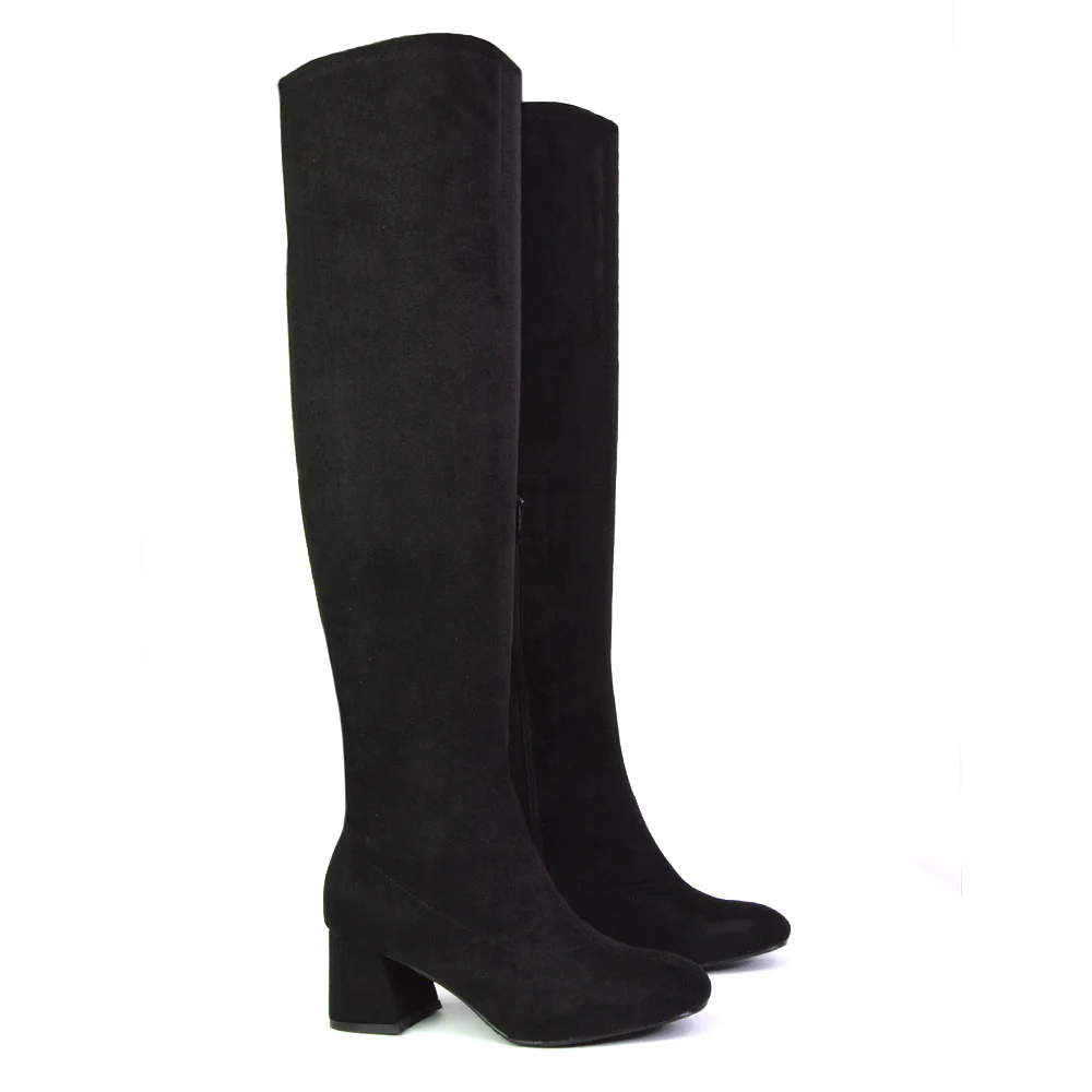 Emmett Flared Mid Block Heel Over the Knee Boots In Silver Metallic - Image 100
