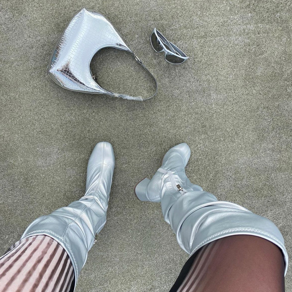 Emmett Flared Mid Block Heel Over the Knee Boots In Silver Metallic - Image 6