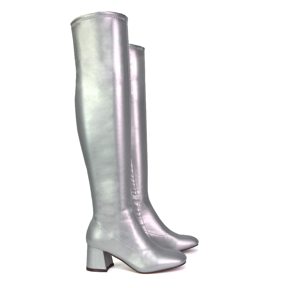 Emmett Flared Mid Block Heel Over the Knee Boots In Silver Metallic - Image 75