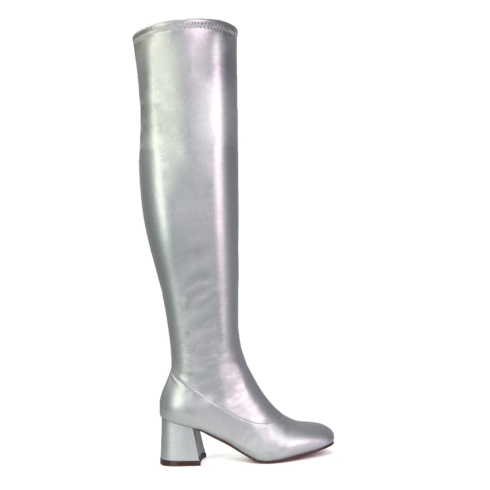 Emmett Flared Mid Block Heel Over the Knee Boots In Silver Metallic - Image 84