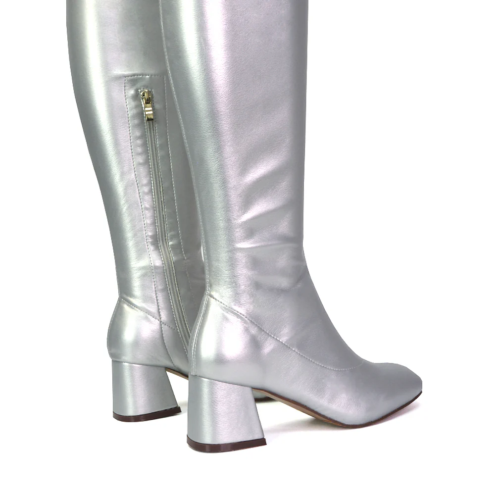 Emmett Flared Mid Block Heel Over the Knee Boots In Silver Metallic - Image 86