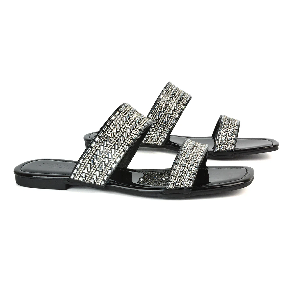 Erica Diamante Double Strap Flat Sandals Rhinestone Slide Shoes in Black Patent - Image 4
