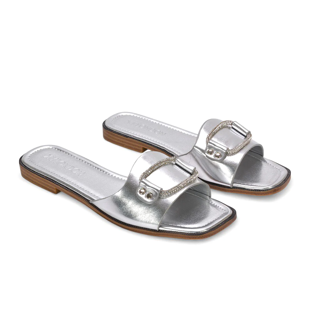 Erin Women’s Slip On Holiday Flats with Diamante Detail Summer Sandals in Silver Metallic - Image 3