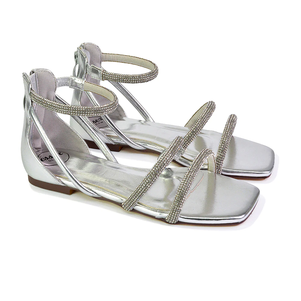 Esma Strappy Diamante Flat Sandals with A Square Toe in Black - Image 33