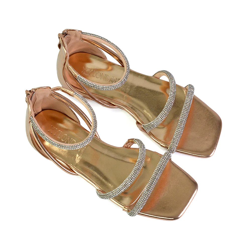 Esma Strappy Diamante Flat Sandals with A Square Toe in Black - Image 64