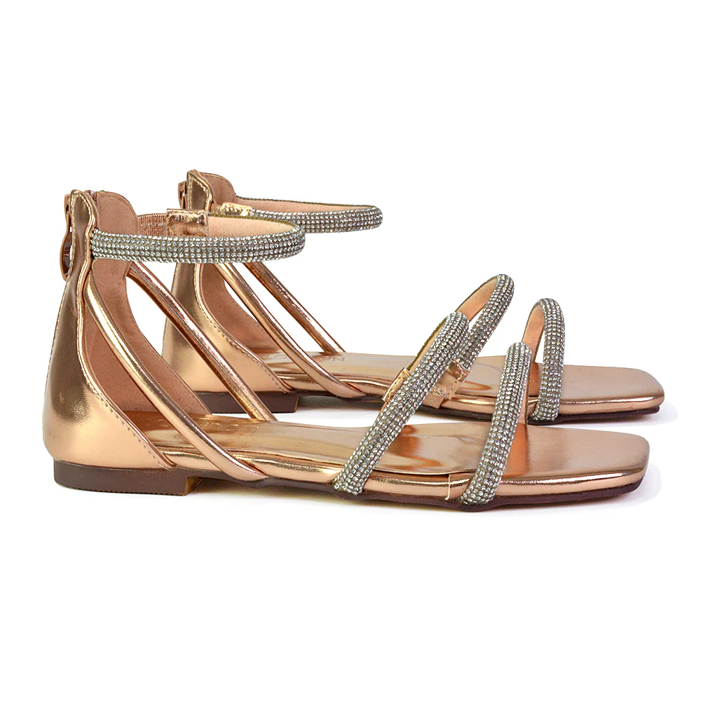 Esma Strappy Diamante Flat Sandals with A Square Toe in Black - Image 66