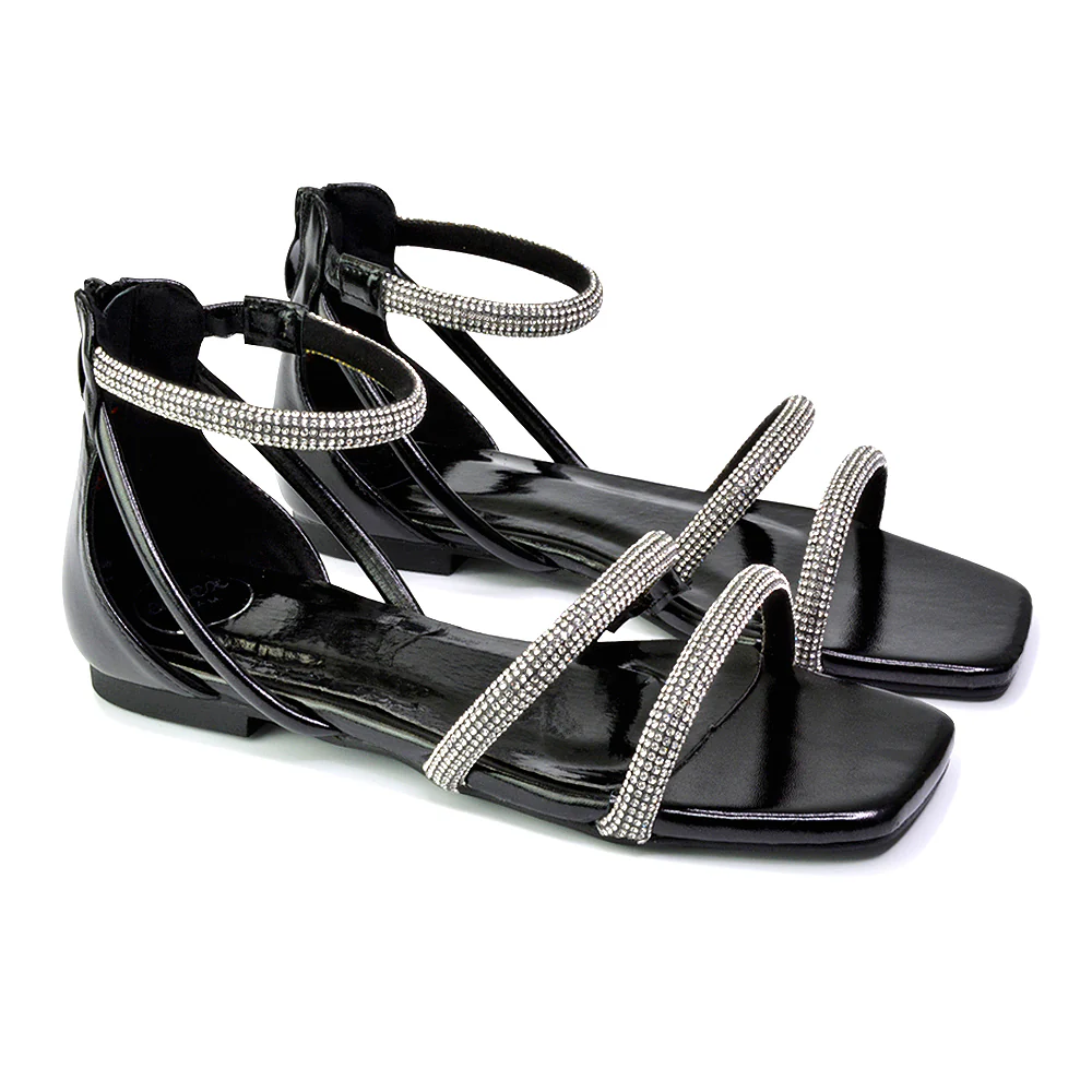 Esma Strappy Diamante Flat Sandals with A Square Toe in Black - Image 7