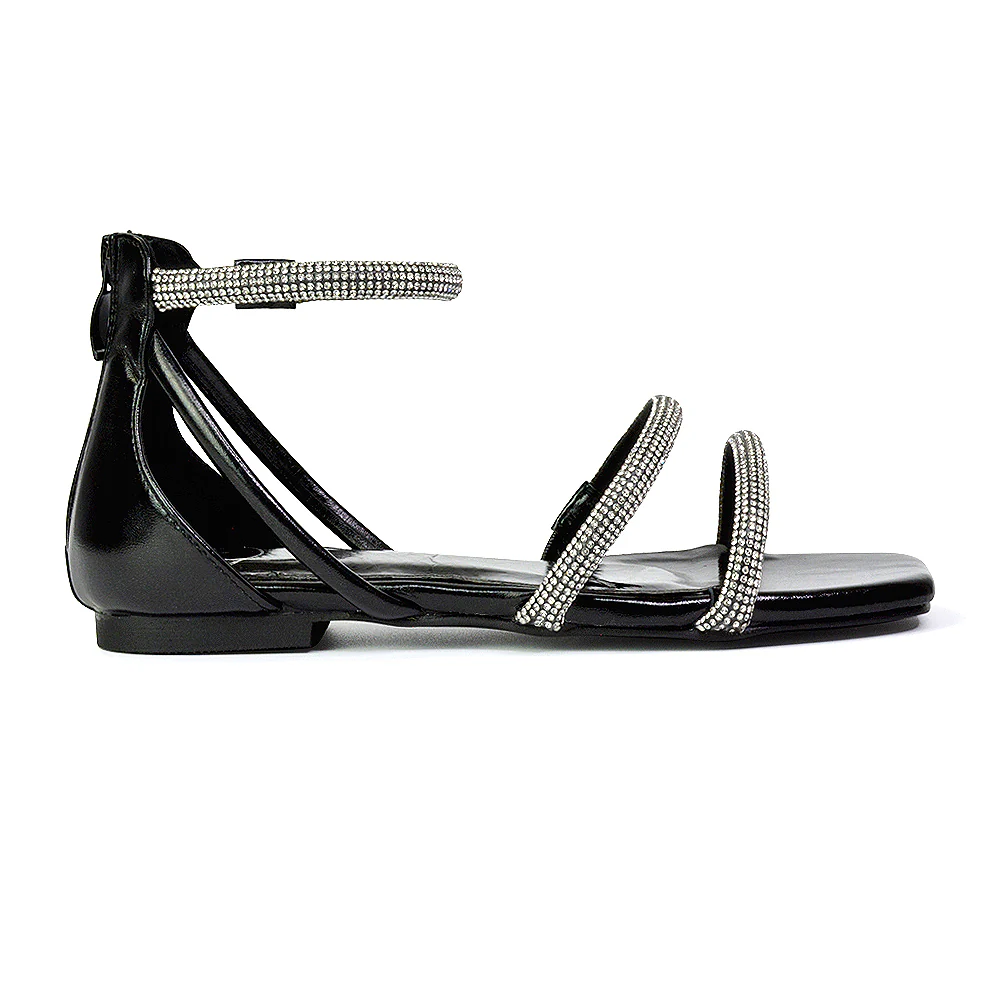 Esma Strappy Diamante Flat Sandals with A Square Toe in Black - Image 84