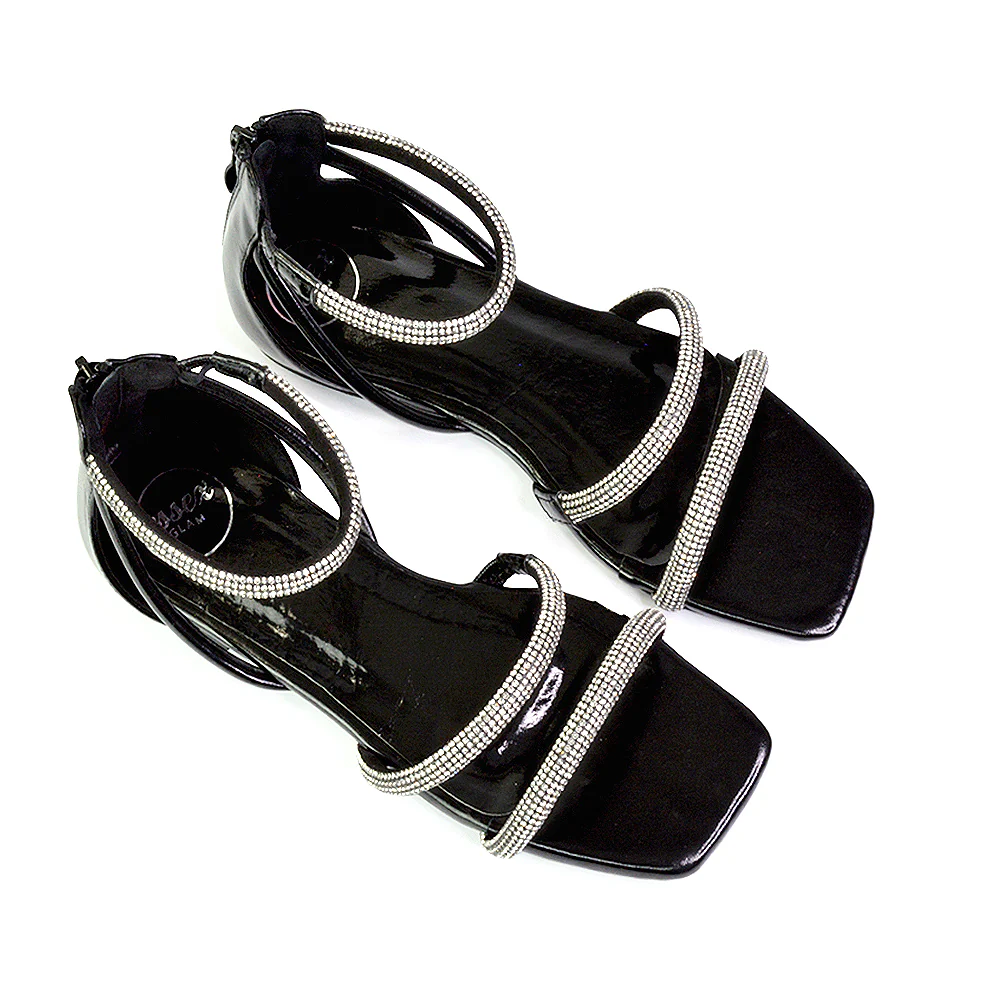 Esma Strappy Diamante Flat Sandals with A Square Toe in Black - Image 88