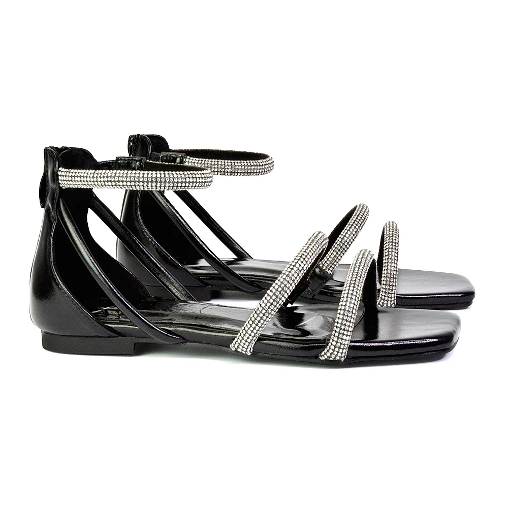 Esma Strappy Diamante Flat Sandals with A Square Toe in Black - Image 90