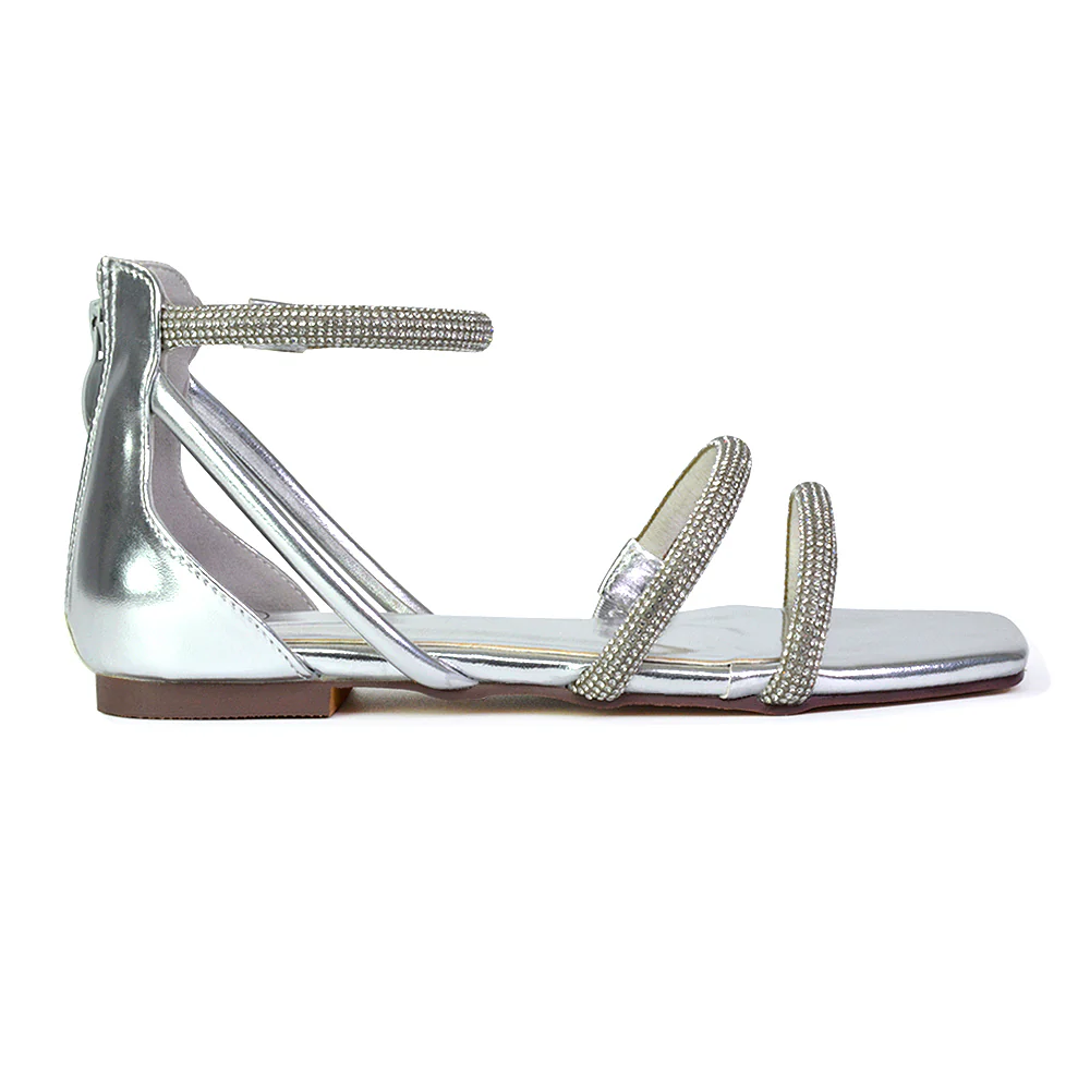 Esma Strappy Diamante Flat Sandals with A Square Toe in Gold - Image 20