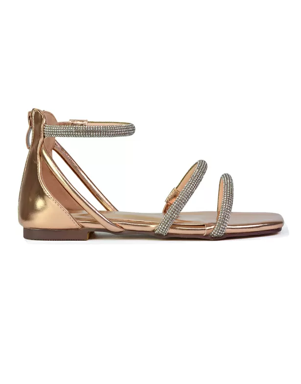 Esma Strappy Diamante Flat Sandals with A Square Toe in Gold - Image 3