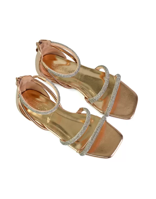 Esma Strappy Diamante Flat Sandals with A Square Toe in Gold - Image 4