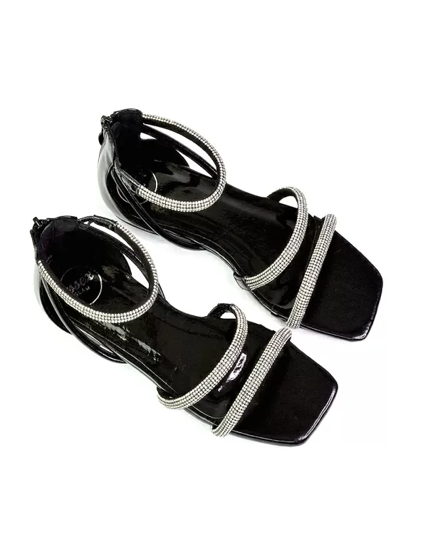 Esma Strappy Diamante Flat Sandals with A Square Toe in Gold - Image 6