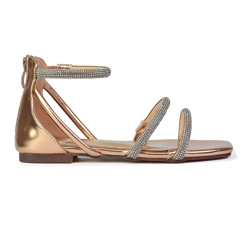 Esma Strappy Diamante Flat Sandals with A Square Toe in SIlver - Image 50