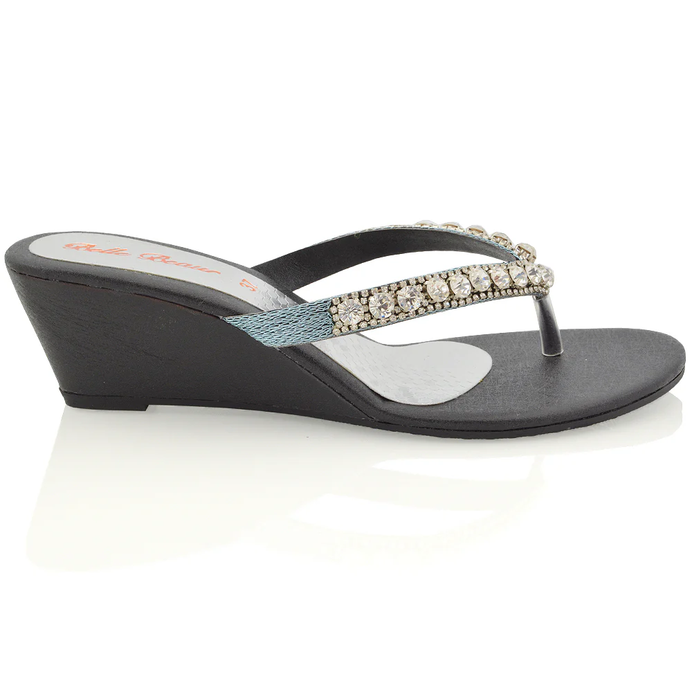 EVA THONG TOE POST STRAPPY SPARKLY GEM STONE DIAMANTE WEDGE SANDALS MID HEELS IN BLACK - Image 6