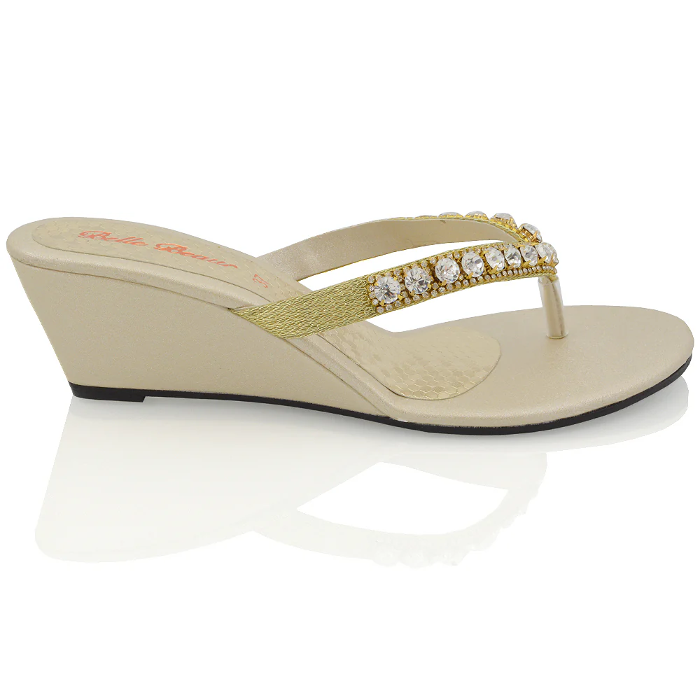 EVA THONG TOE POST STRAPPY SPARKLY GEM STONE DIAMANTE WEDGE SANDALS MID HEELS IN GOLD - Image 9