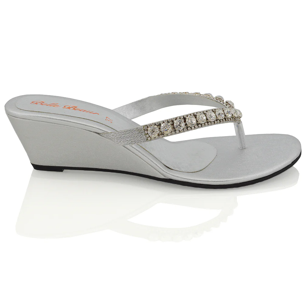EVA THONG TOE POST STRAPPY SPARKLY GEM STONE DIAMANTE WEDGE SANDALS MID HEELS IN SILVER - Image 5