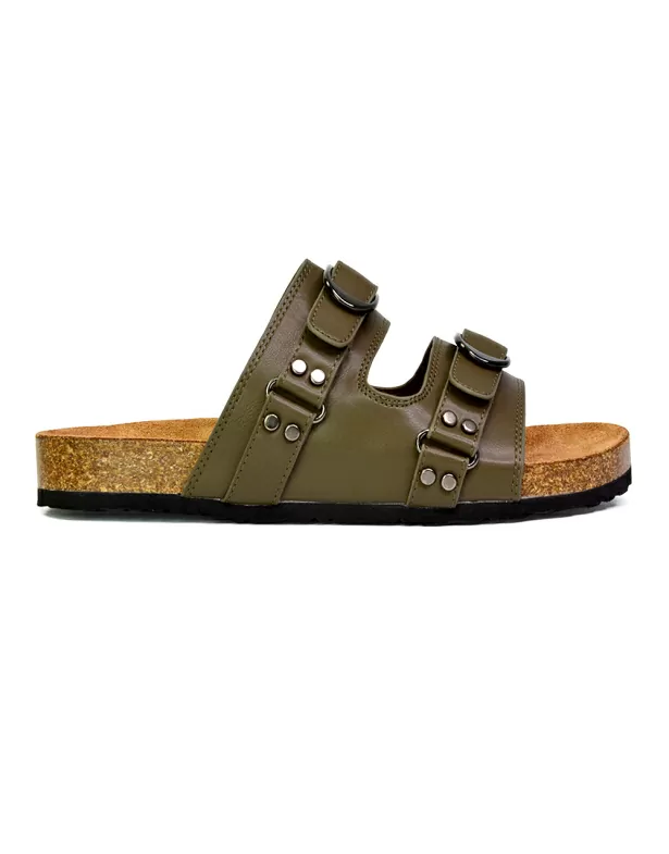 Evan Strappy Slip On Mule Summer Holiday Buckle Flat Sandals Sliders in Khaki - Image 4