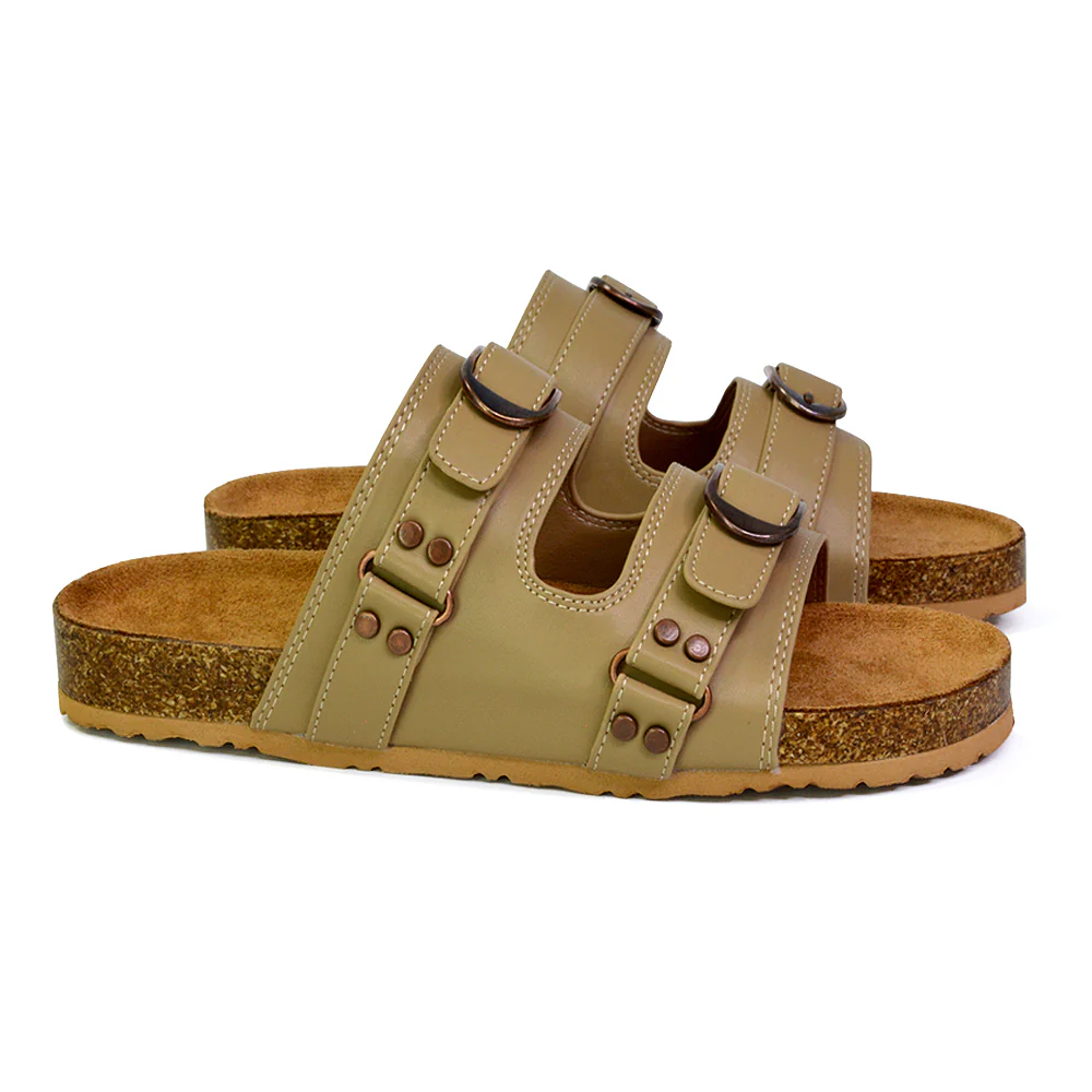 Evan Strappy Slip On Mule Summer Holiday Buckle Flat Sandals Sliders in Khaki - Image 81