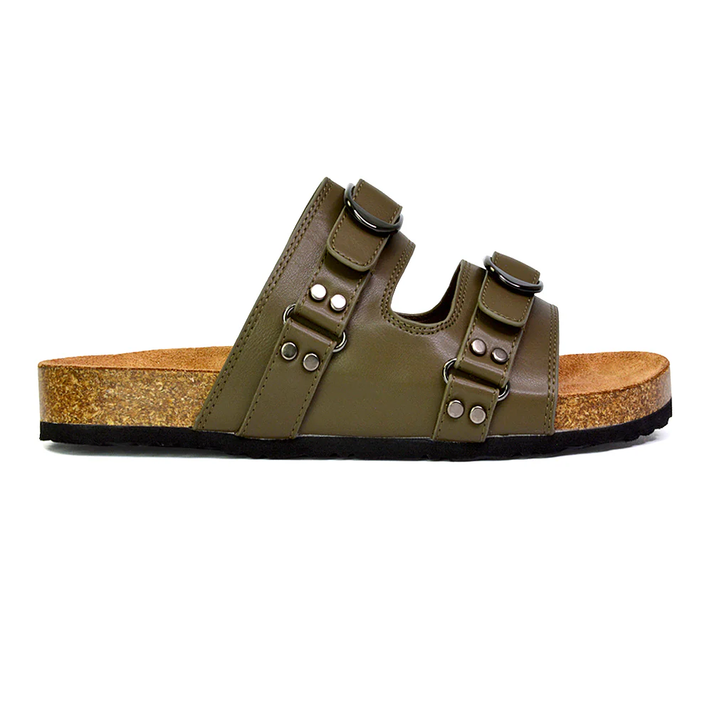 Evan Strappy Slip On Mule Summer Holiday Buckle Flat Sandals Sliders in Taupe - Image 17