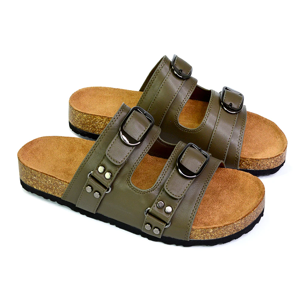 Evan Strappy Slip On Mule Summer Holiday Buckle Flat Sandals Sliders in Taupe - Image 27
