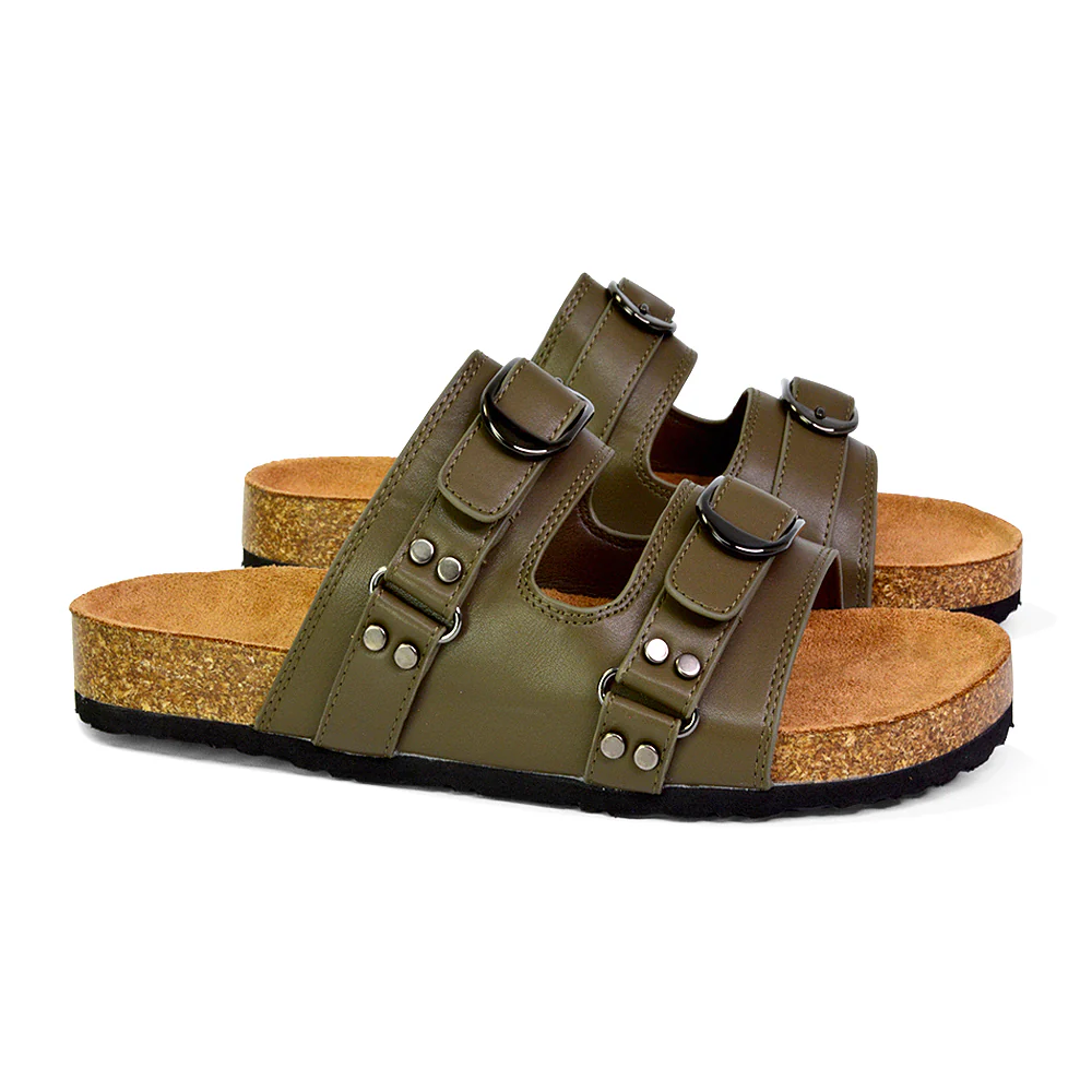 Evan Strappy Slip On Mule Summer Holiday Buckle Flat Sandals Sliders in Taupe - Image 28