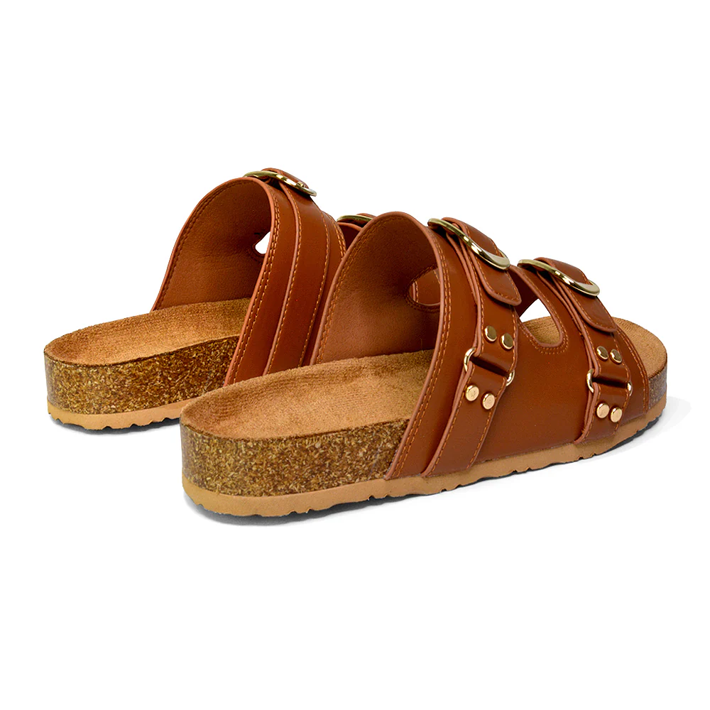 Evan Strappy Slip On Mule Summer Holiday Buckle Flat Sandals Sliders in Taupe - Image 48