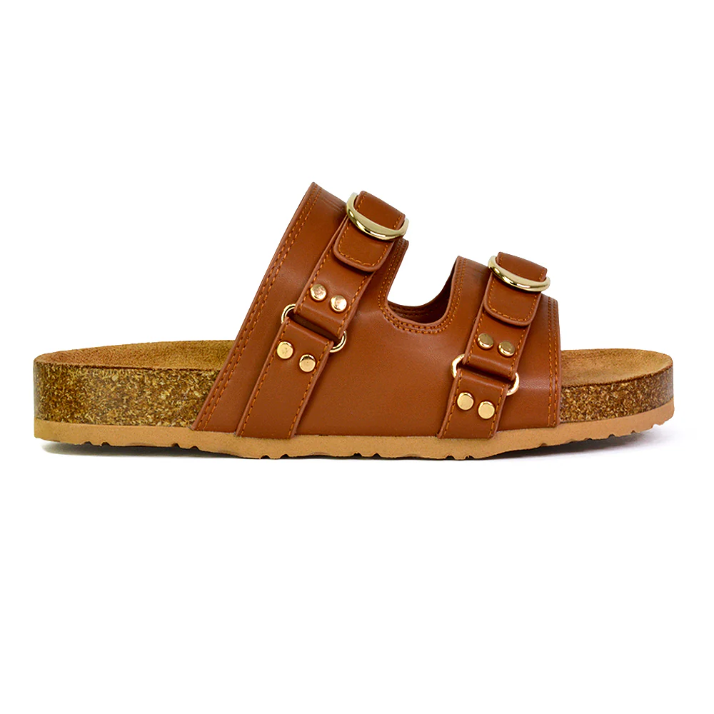 Evan Strappy Slip On Mule Summer Holiday Buckle Flat Sandals Sliders in Taupe - Image 50
