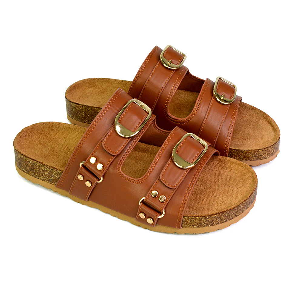 Evan Strappy Slip On Mule Summer Holiday Buckle Flat Sandals Sliders in Taupe - Image 58