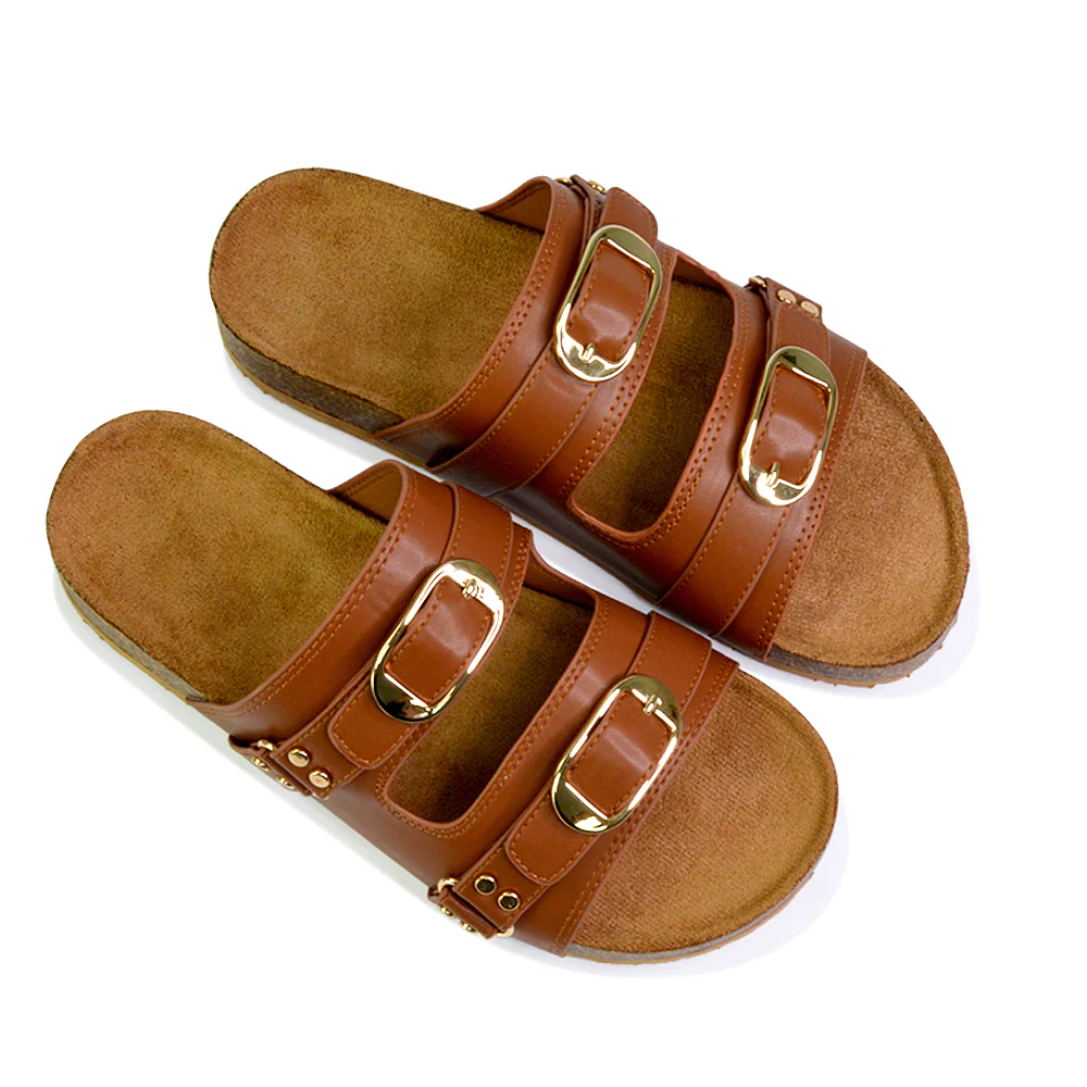 Evan Strappy Slip On Mule Summer Holiday Buckle Flat Sandals Sliders in Taupe - Image 64