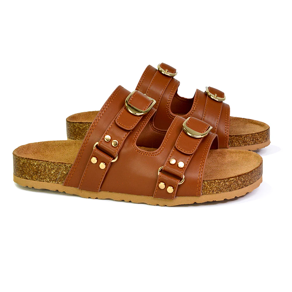 Evan Strappy Slip On Mule Summer Holiday Buckle Flat Sandals Sliders in Taupe - Image 66