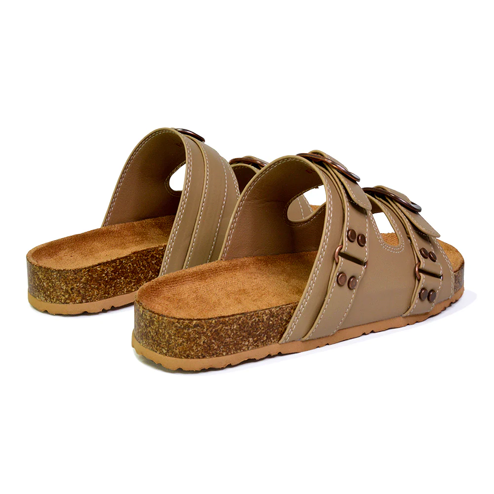 Evan Strappy Slip On Mule Summer Holiday Buckle Flat Sandals Sliders in Taupe - Image 76