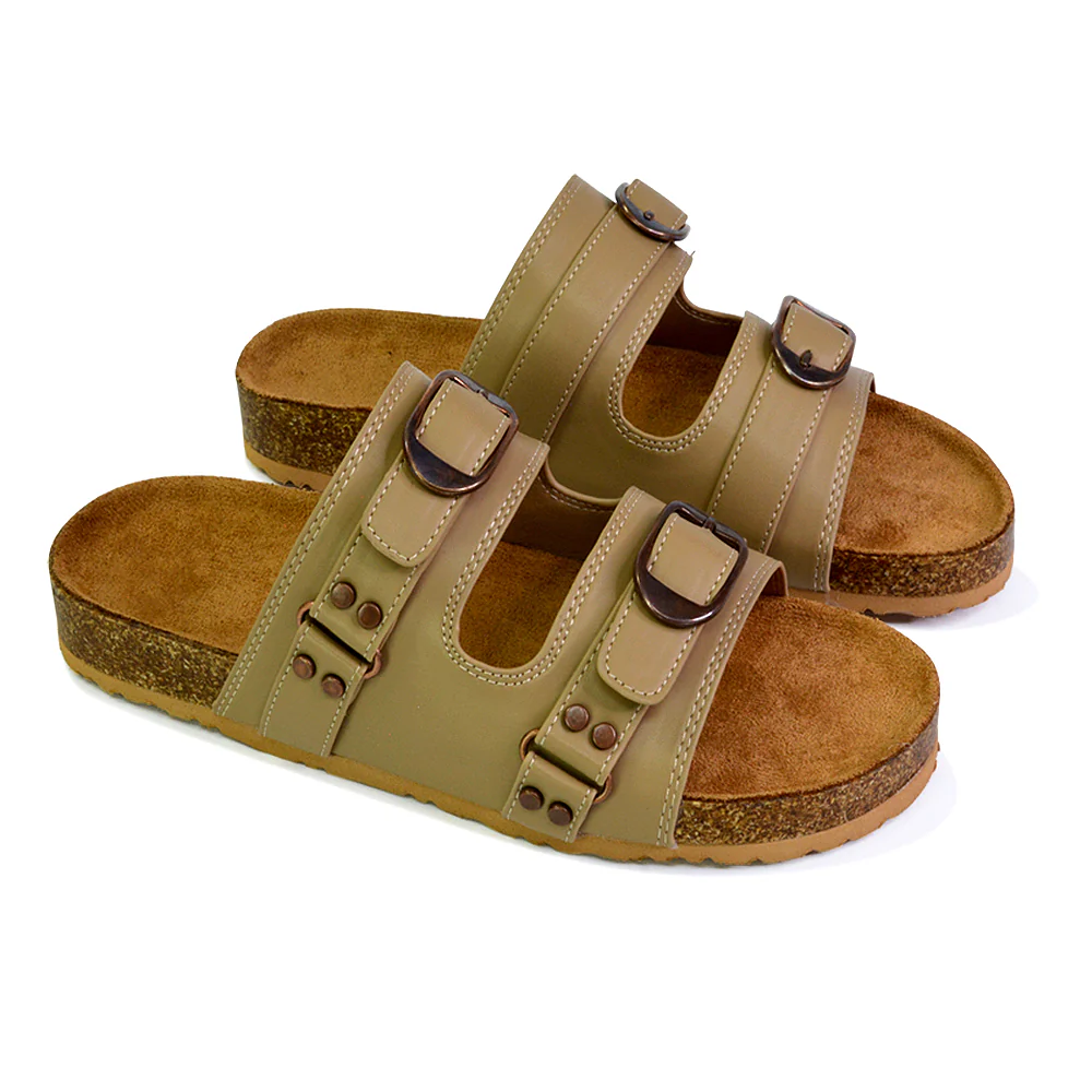 Evan Strappy Slip On Mule Summer Holiday Buckle Flat Sandals Sliders in Taupe - Image 87