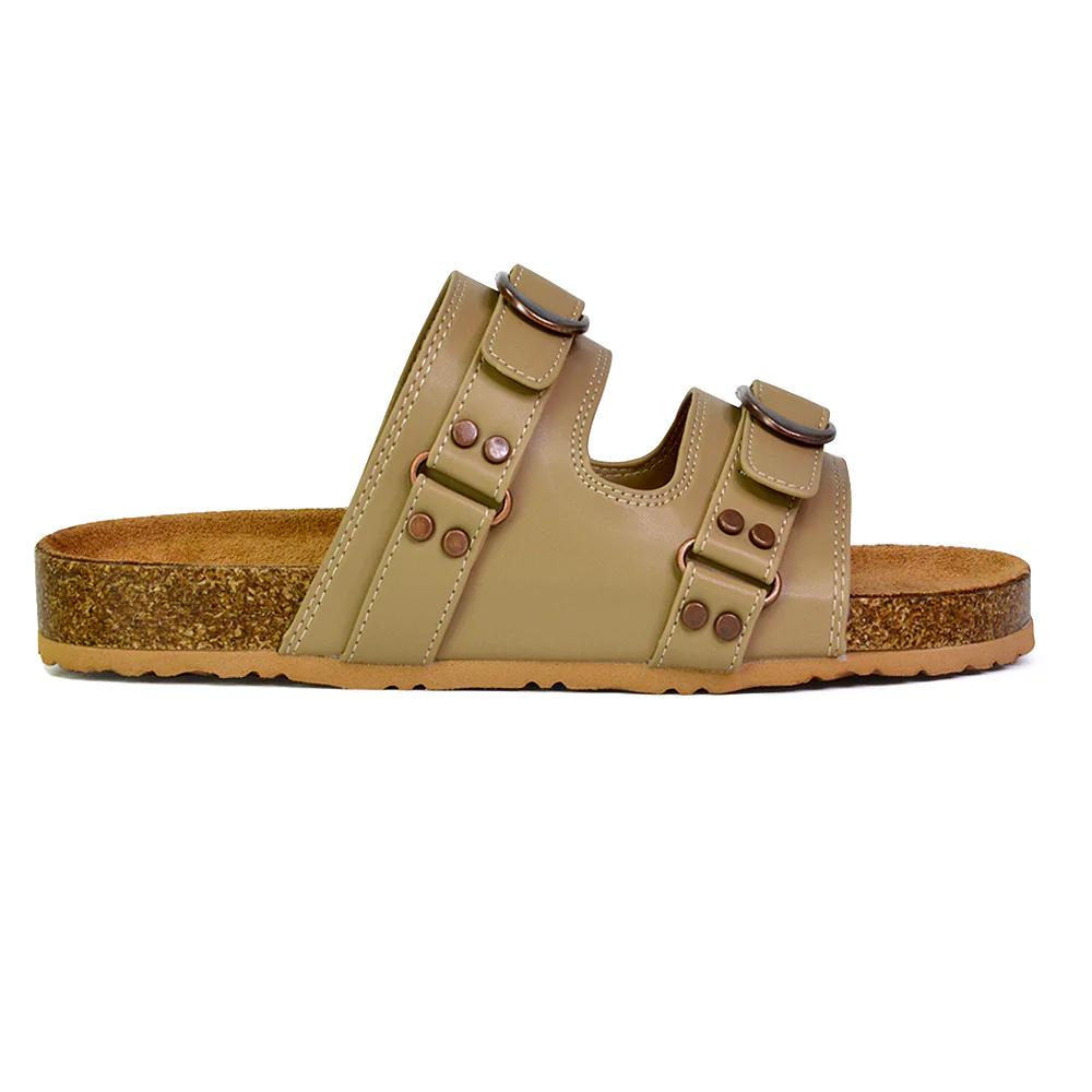 Evan Strappy Slip On Mule Summer Holiday Buckle Flat Sandals Sliders in Taupe - Image 94