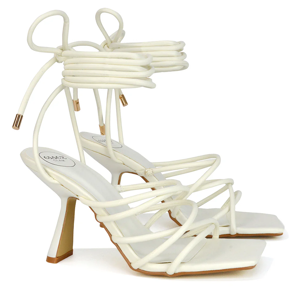 Everlee Strappy Lace Up Thin BlocK Square Toe Heel Sandals in Black Synthetic Leather - Image 36