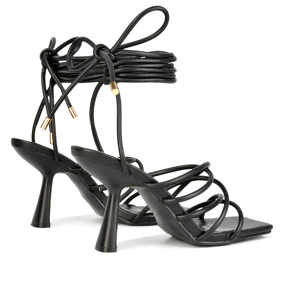 Everlee Strappy Lace Up Thin BlocK Square Toe Heel Sandals in Black Synthetic Leather - Image 6