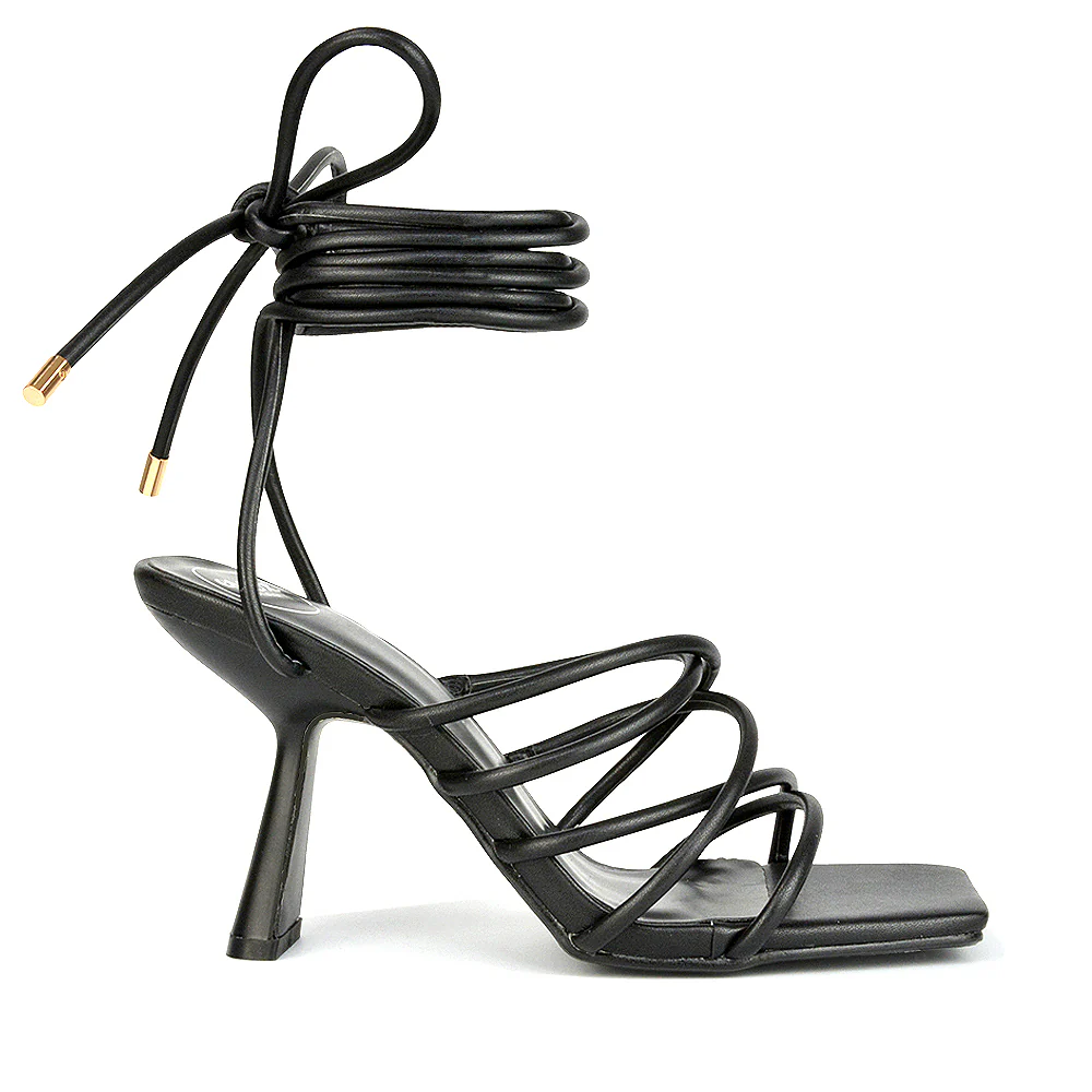Everlee Strappy Lace Up Thin BlocK Square Toe Heel Sandals in White Synthetic Leather - Image 19